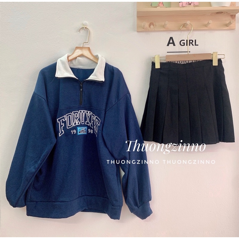 [Ảnh thật/Video] Áo Hoodie thêu chữ tay bồng xanh dương áo thun dài tay phong cách Hàn Quốc