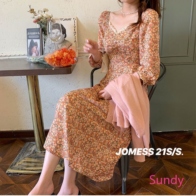 Đầm Dáng Dài Cổ Vuông In Họa Tiết Hoa Phong Cách Retro Pháp