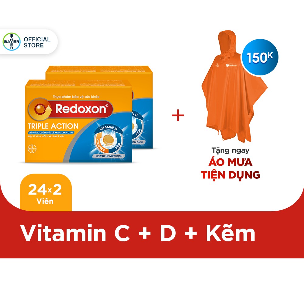 Bộ 2 Hộp Viên Sủi Bổ Sung Vitamin C, D, Và Kẽm Redoxon Triple Action 24 Viên/Hộp + Tặng Áo Mưa Cam