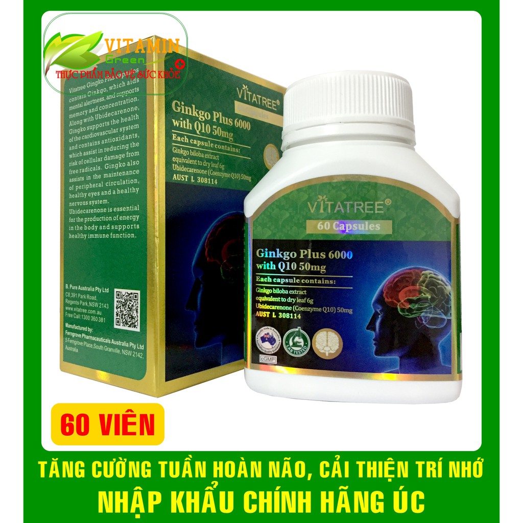 VITATREE GINKGO PLUS 6000MG WITH Q10 TĂNG CƯỜNG TUẦN HOÀN NÃO (60 viên) | NHẬP KHẨU CHÍNH HÃNG ÚC