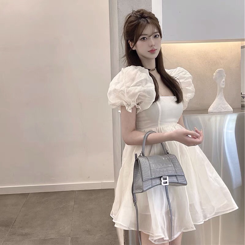 Đầm nữ cổ vuông tay phồng dự tiệc, Váy trắng nữ thiết kế vải voan siêu xinh dáng xoè mềm mịn kiểu dáng công chúa | WebRaoVat - webraovat.net.vn