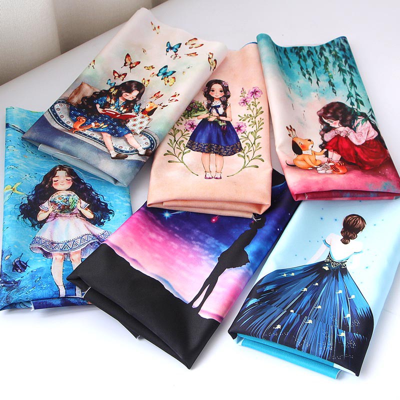 Vải Lụa 36 * 49CM In Họa Tiết Kỹ Thuật Số Cô Gái Mộng Mơ Đẹp Mắt