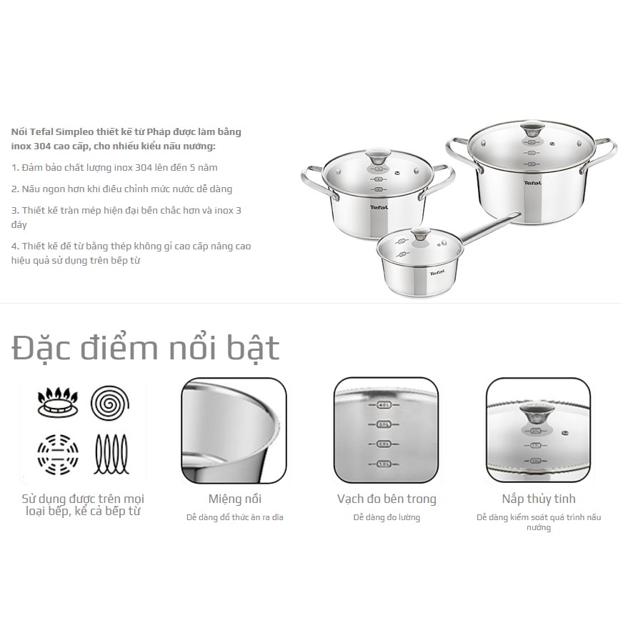 Tefal- Bộ Inox Simpleo B907S644 đẹp đến nao lòng gồm quánh size 16cm, nồi size 20cm và 24cm phù hợp với mọi loại bếp