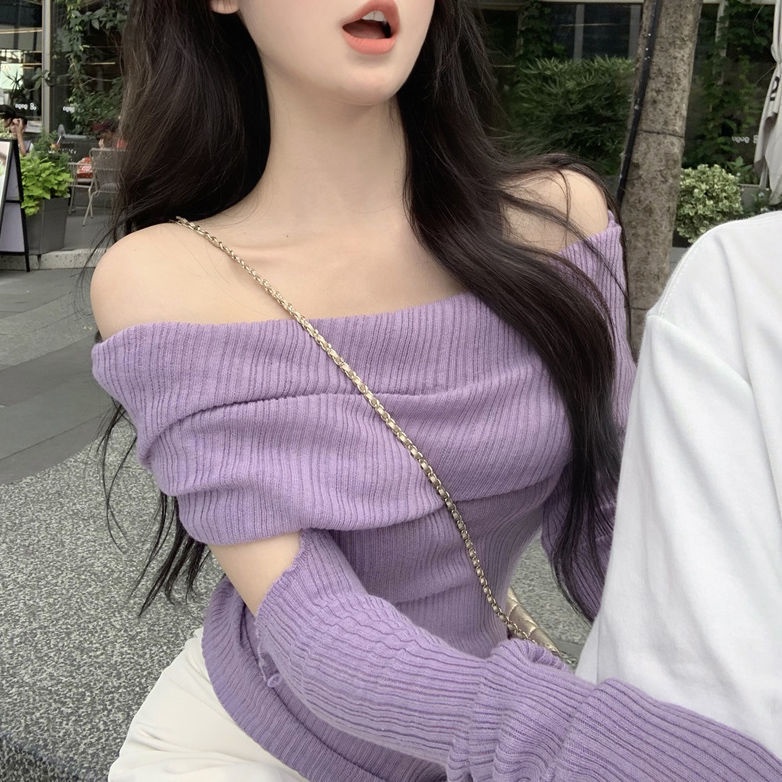 Áo Sweater Trễ Vai Tay Dài Dáng Ôm Thời Trang Mùa Thu Hàng Mới 2022 Dành Cho Bạn Nữ