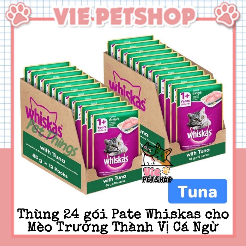 [GIÁ TỐT] 1 THÙNG Pate Whiskas cho Mèo Lớn Vị Cá Ngừ Gói 80gr | Vie PETSHOP