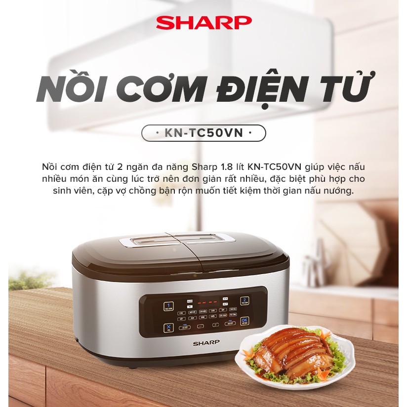 [HÀNG CHÍNH HÃNG] Nồi Cơm 2 Ngăn Đa Năng Sharp 1.8 lít KN-TC50VN-SL/WH Công suất 900W (mỗi bên 450W) nồi nấu đa năng