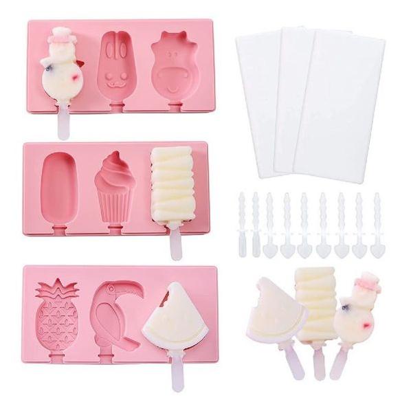 Khuôn làm kem 3 ô que silicon có nắp đậy