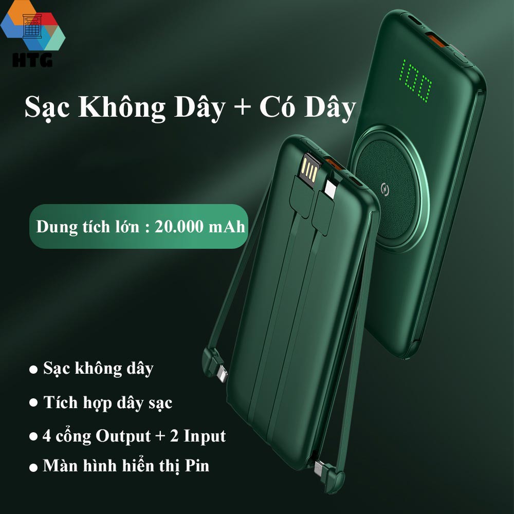 Pin sạc dự phòng 20000 mAh Cyke P1 Plus tích hợp 3 dây sạc nhanh cùng với sạc không dây