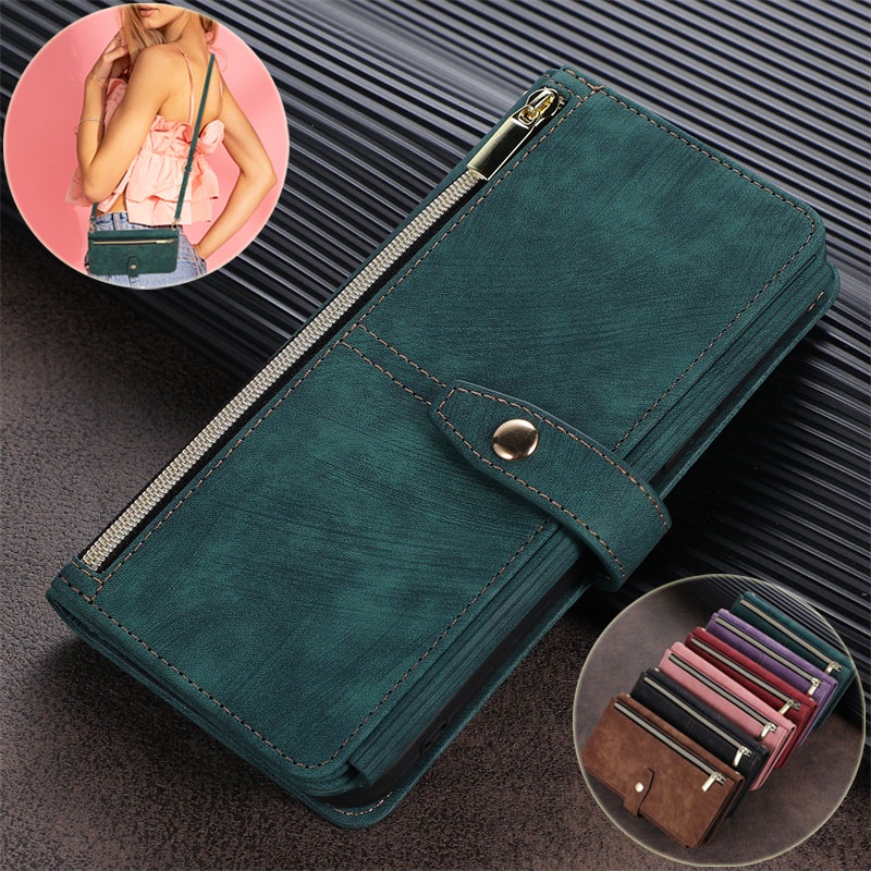 Bao Da Điện Thoại Dạng Ví Nắp Lật Nam Châm Có Ngăn Đựng Thẻ Và Dây Đeo Vai Thời Trang Cho iPhone 6 6S 7 8 Plus X XS Max 11 Pro Max
