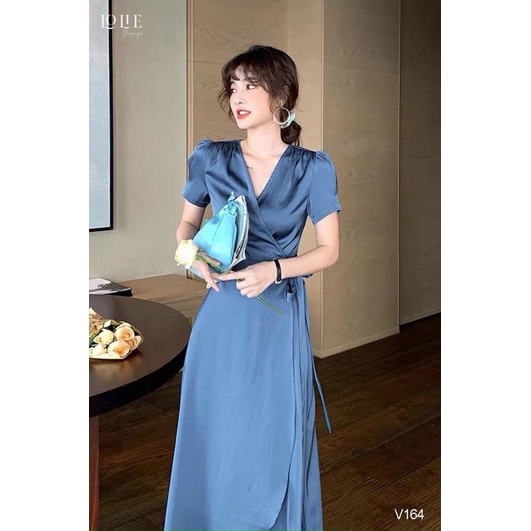 Đầm Xòe Lụa Satin Cổ V Tà Đắp Chéo Cột Dây Eo Zenna
