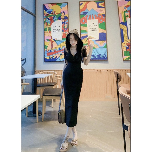 Đầm Body Có Mũ Dáng Dài Qua Gối Thun Tăm Dày dặn