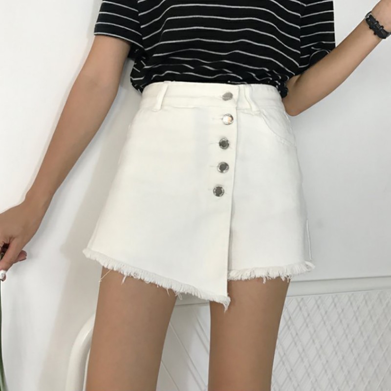Chân Váy Ngắn Denim Lưng Cao Phối Nút Thiết Kế Dáng Chữ A Thanh Lịch Thời Trang