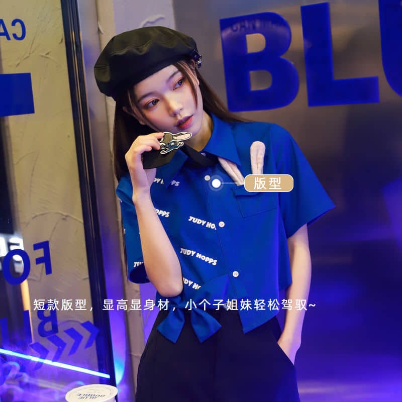 Set áo sơ mi xanh croptop vạt lệch phối nửa màu tai thỏ xinh + chân váy chữ A dài thắt nơ tone xanh