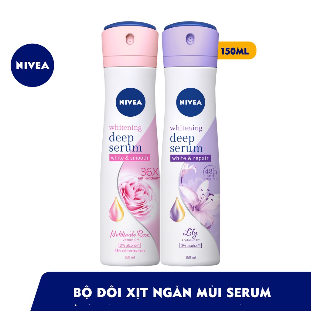 Bộ đôi Xịt serum ngăn mùi NIVEA dưỡng trắng hương hoa hồng Hokkaido &amp; Lily (150ml x2) (85304+85312)