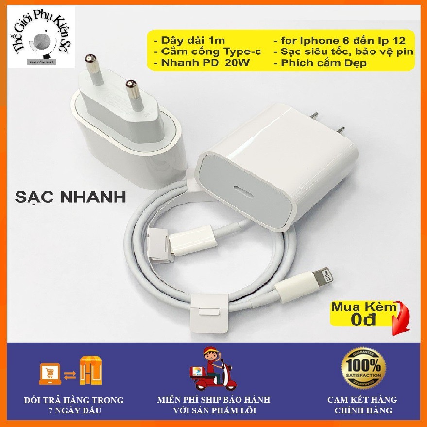 Bộ Sạc Nhanh Iphone PD 20W (Sạc Nhanh 50% Trong 30p) - Bộ Sạc C to Lightning Dây Dài 1M Cho IP 6/7/8/X/Xs/XSmax/11/12...