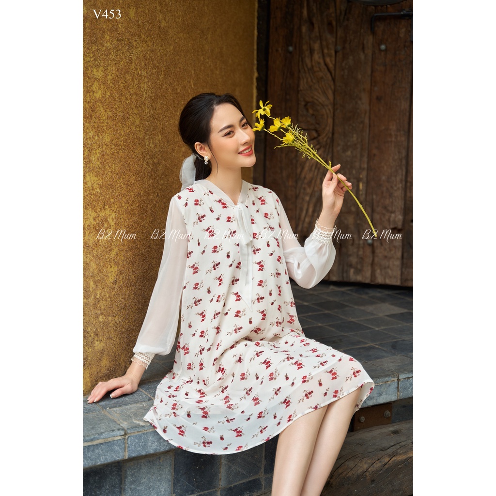 V453 Váy Bầu Thiết Kế thời trang đẹp hoa trắng nơ cổ bo tay kiểu dángCông Sở B2Mum