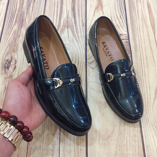 Giày lười da nam da bóng đai kim loại đen( Chất Store )