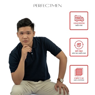 Áo polo nam cao cấp PERFECTMEN vải cá sấu 100% cotton màu xanh đen co giãn 4 chiều thoáng mát, sang trọng lịch lãm