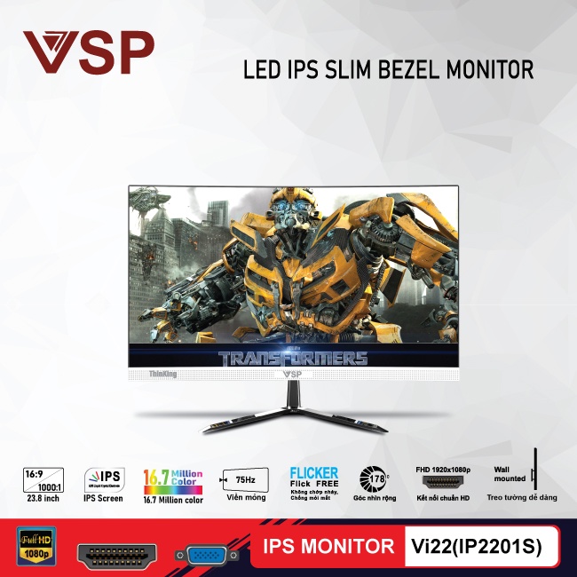 Màn hình máy tính 22inch VSP Vi22 (IP21501S) ĐEN tràn viền Slim Bezel (IPS FullHD 75Hz 5ms HDMI VGA) - Chính hãng