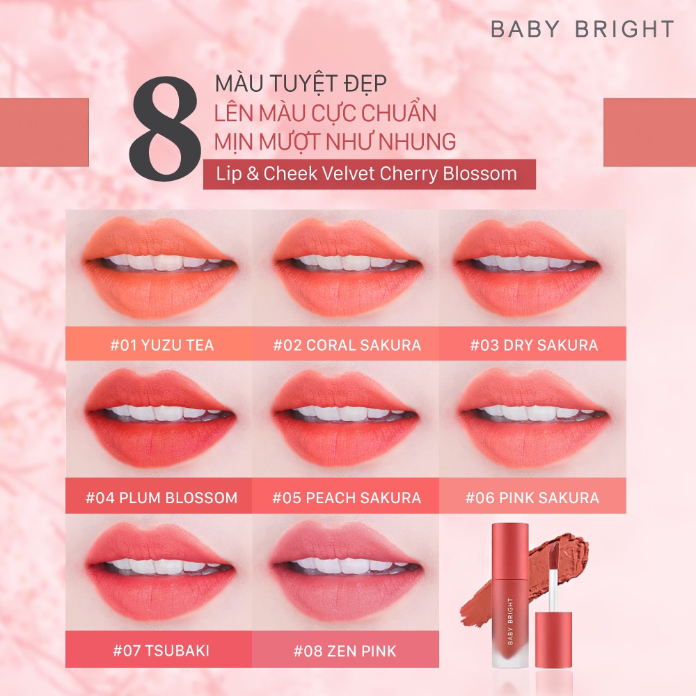 Son kem và má hồng Baby Bright Lip &amp; Cheek Velvet Cherry Blossom 2.4g