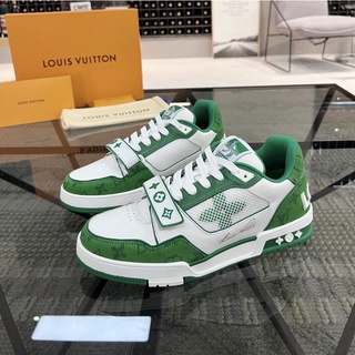 Giày lv trainers green white quai dán da thật lai au