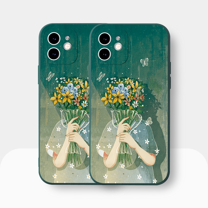 Ốp điện thoại viền vuông chống sốc cô gái cầm hoa nhẹ nhàng Cho iPhone 13 12 11 Pro Max SE tr1223