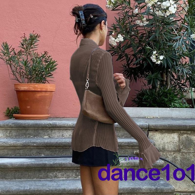 Áo sơ mi tay dài ống loe màu trơn phong cách retro thời trang quyến rũ cho nữ