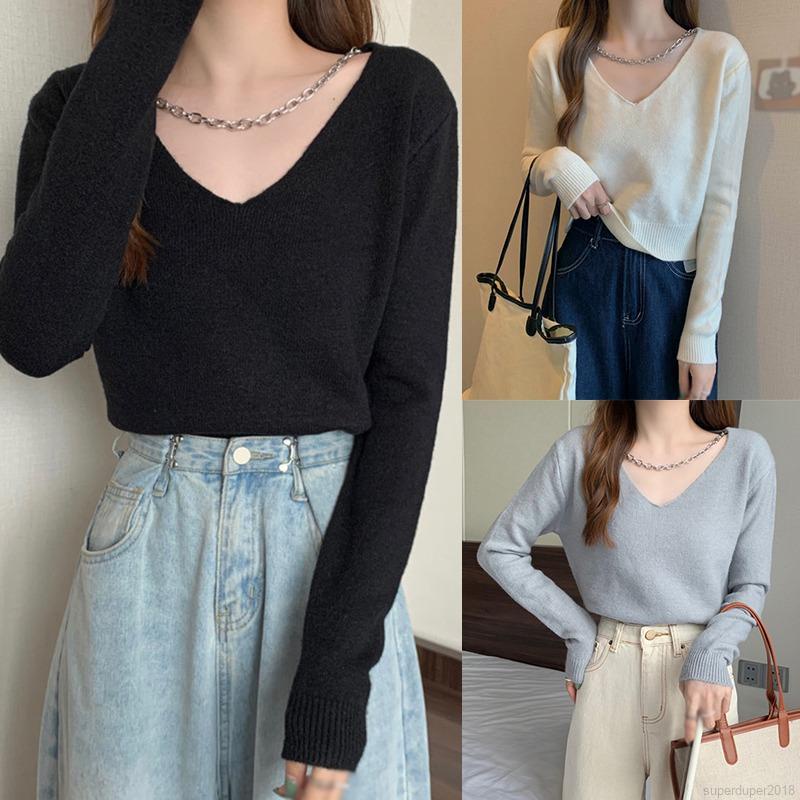 Áo Croptop Tay Dài Cổ Chữ V Phong Cách Hàn Quốc