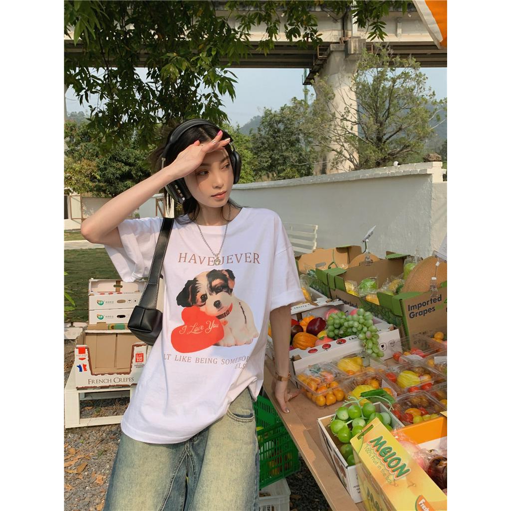 Áo Thun Cổ Tròn Dáng Rộng In Hình Chú Chó Dễ Thương Phong Cách Hàn Quốc Thời Trang Mùa Hè 63400