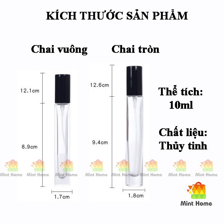 Chai chiết dung dịch nước hoa vial thủy tinh vuông lọ trụ tròn dài nắp nhôm có vòi xịt phun sương dung tích 10ml vỏ dày