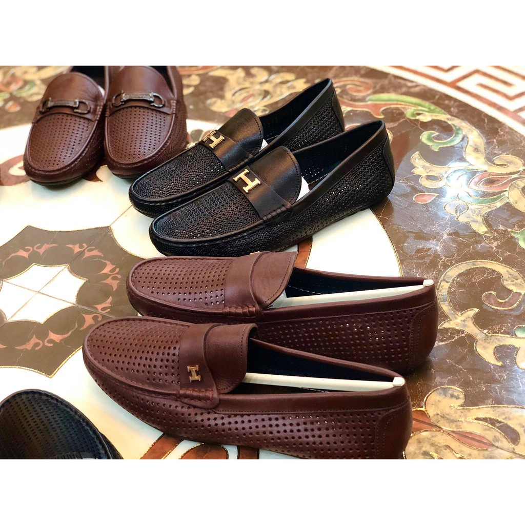 Giầy lười nam da thật đục lỗ thoáng khí mới 2020 3 màu đen nâu vàng bò