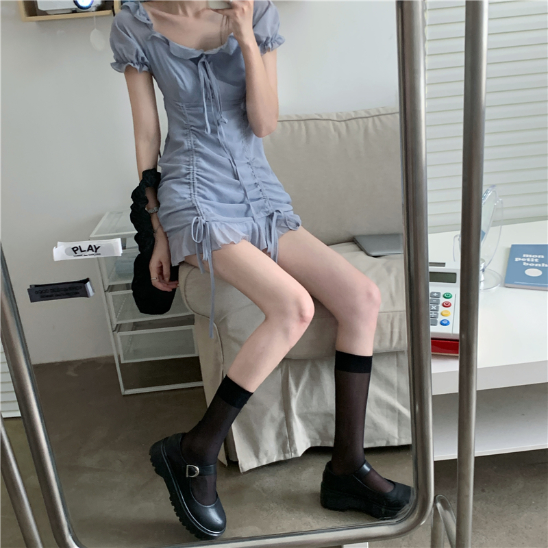 Xiaozhainv Đầm chiffon tay ngắn cổ vuông phong cách Hàn Quốc trẻ trung thời trang cho nữ | BigBuy360 - bigbuy360.vn