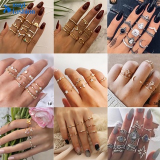 Vintage Bạc Mặt Trăng Sóng Xanh Đá Bộ Nhẫn Nữ Thời Trang Hoa Zircon Bướm Knuckle Nhẫn Trang Sức