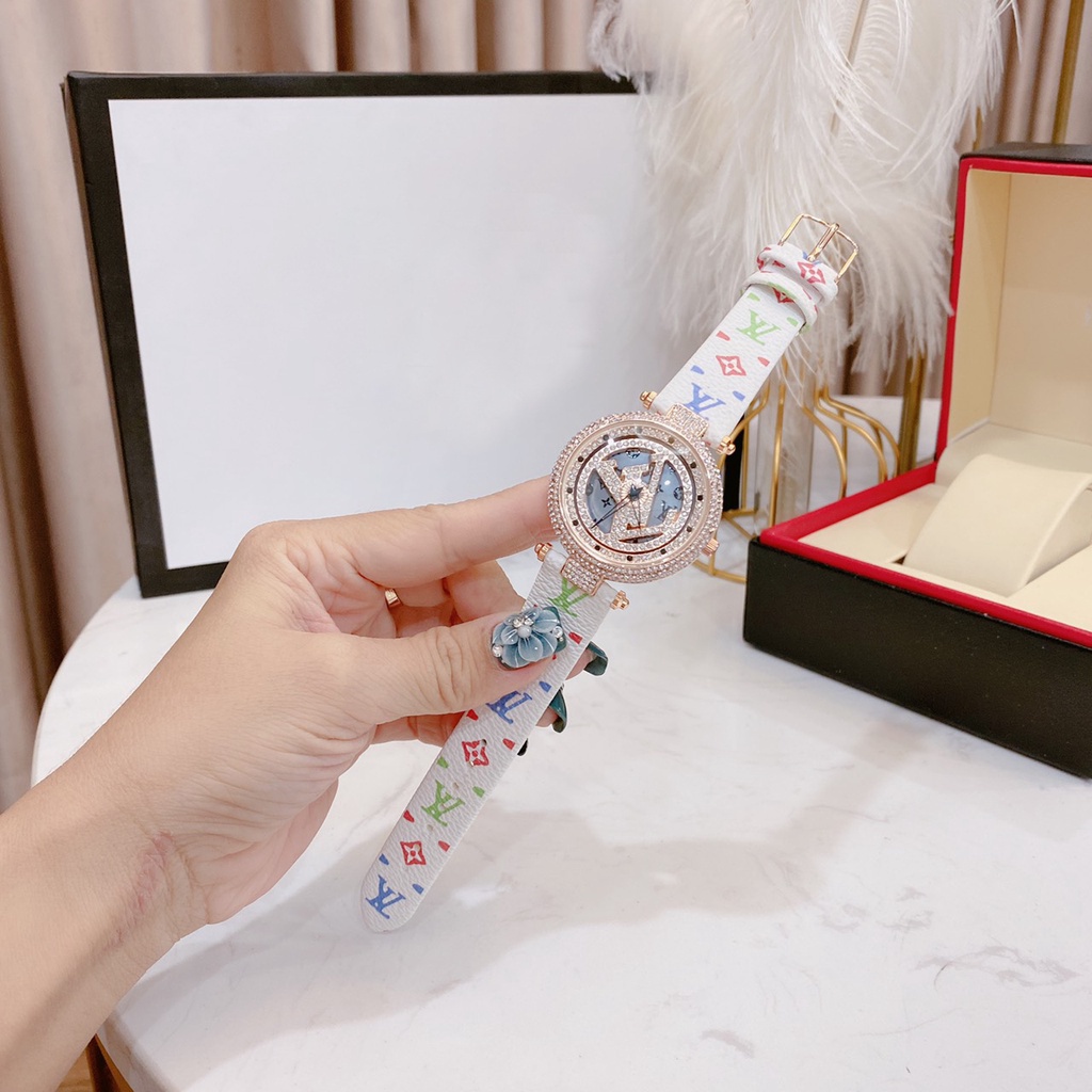 Đồng hồ nữ LV mặt xoay đính đá dây da cao cấp thiết kế sang trọng Full Box - bảo hành 12 tháng | BigBuy360 - bigbuy360.vn