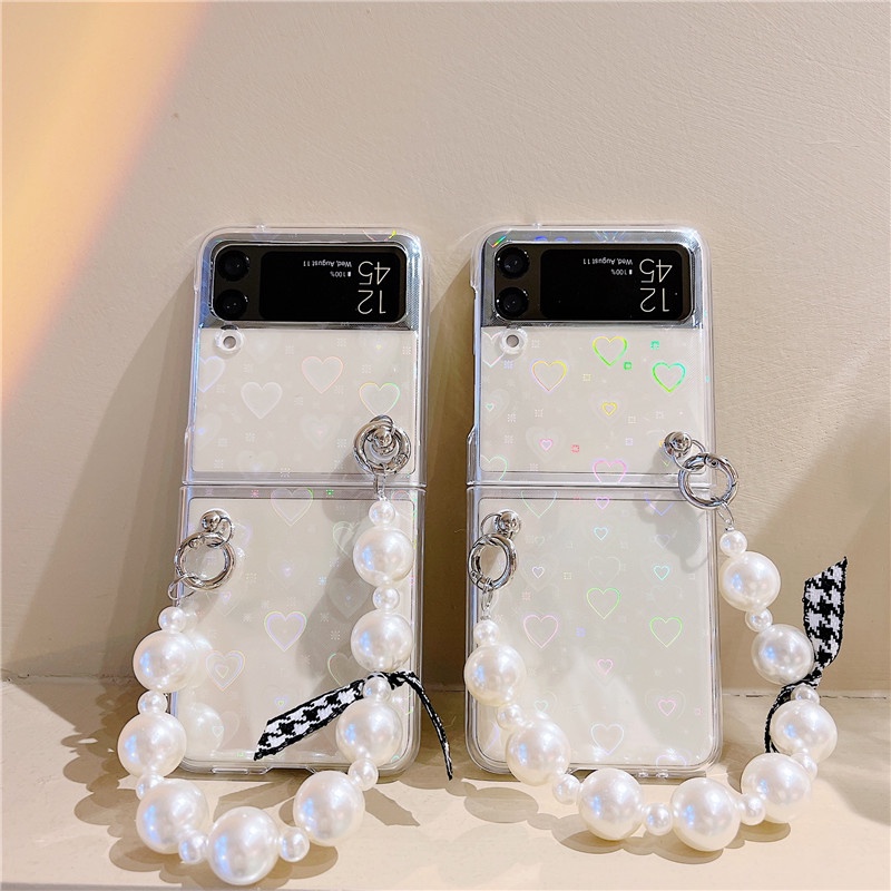 Ốp Điện Thoại PC Cứng Có Vòng Tay Đính Ngọc Trai Laser Cho Samsung Galaxy Z Flip 3 3 5G Z Flip3 ZFlip 3 5G