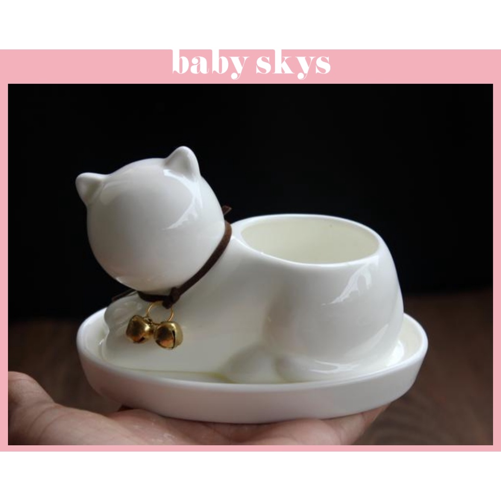 Chậu Trồng Cây Cảnh Mini Sen Đá Xương Rồng Hình Mèo Có Khay Lỗ Thoát Nước