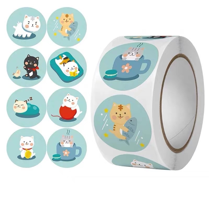 Cuộn 500 sticker nhãn dán cute hình mèo con dễ thương