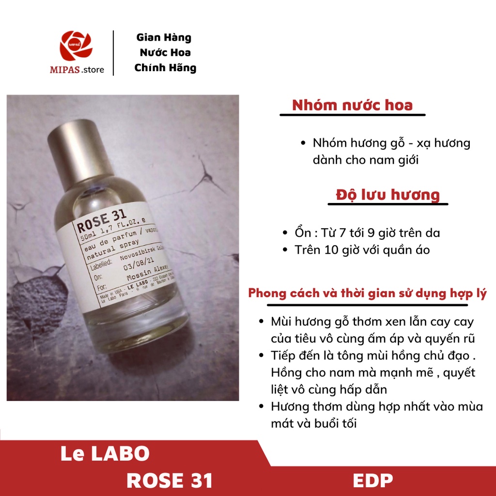 Mẫu nước hoa chính hãng LELabo Rose 31 dung tích 5ml,10ml