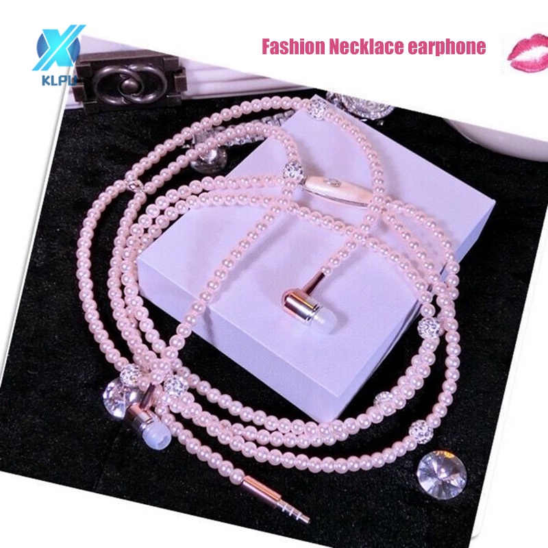 COD# Rhinestone Jewelry Fake Pearl Necklace Earphones With Microphone Earbuds Gifts For iPhone Xiaomi Samsung #VN