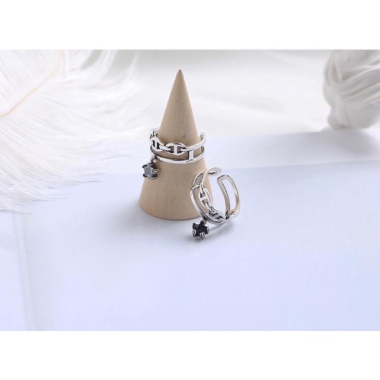 Nhẫn Bạc nữ hai lớp đính đá đen ngôi sao chất liệu Bạc Thái 925