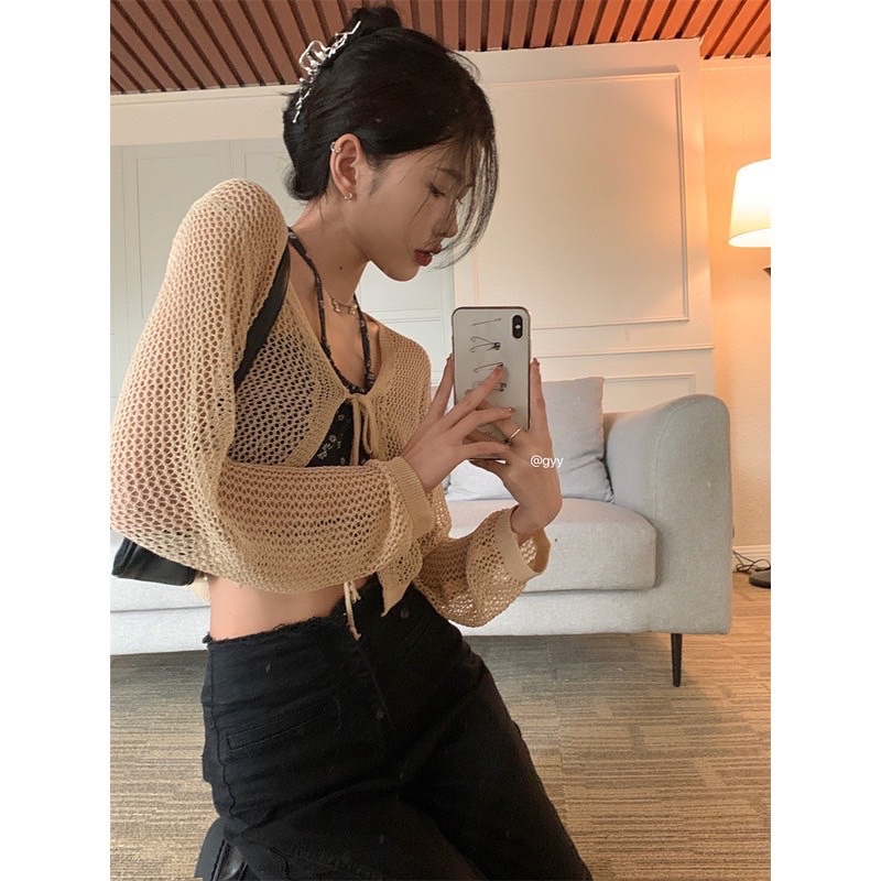 🍊Áo hai dây yếm thun họa tiết phối cardigan len lưới buộc ngực Ulzzang style🌸 Hàng Quảng Châu