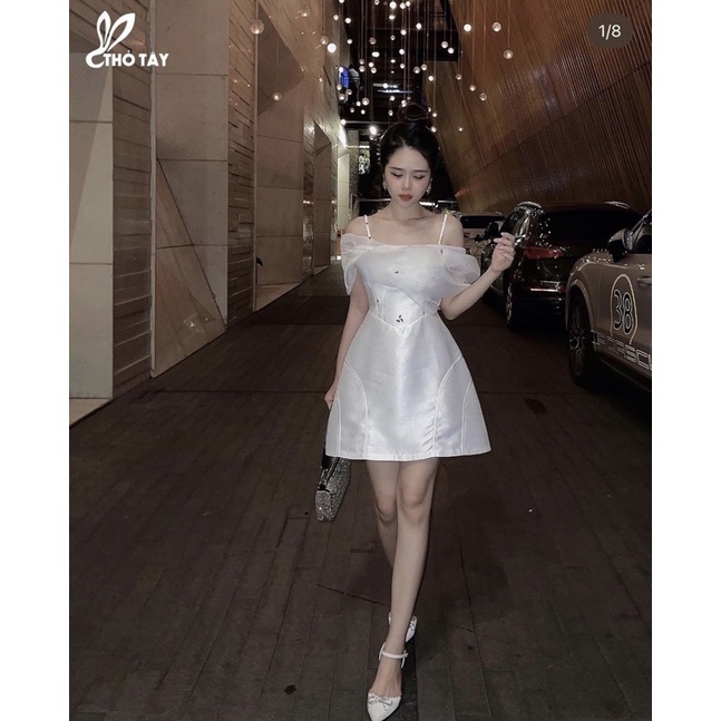 ĐẦM XOĂN LƯỚI BẸT VAI ĐÍNH HẠT 2 DÂY
