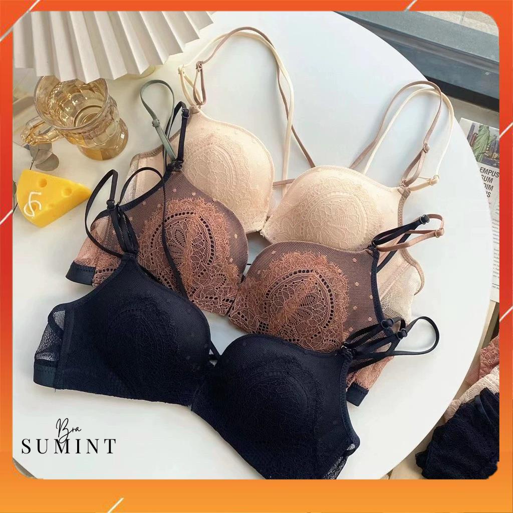 Áo lót nữ ren cao cấp cài trước không gọng nâng đẩy ngực cup chéo đệm mút mỏng dây mảnh A7352