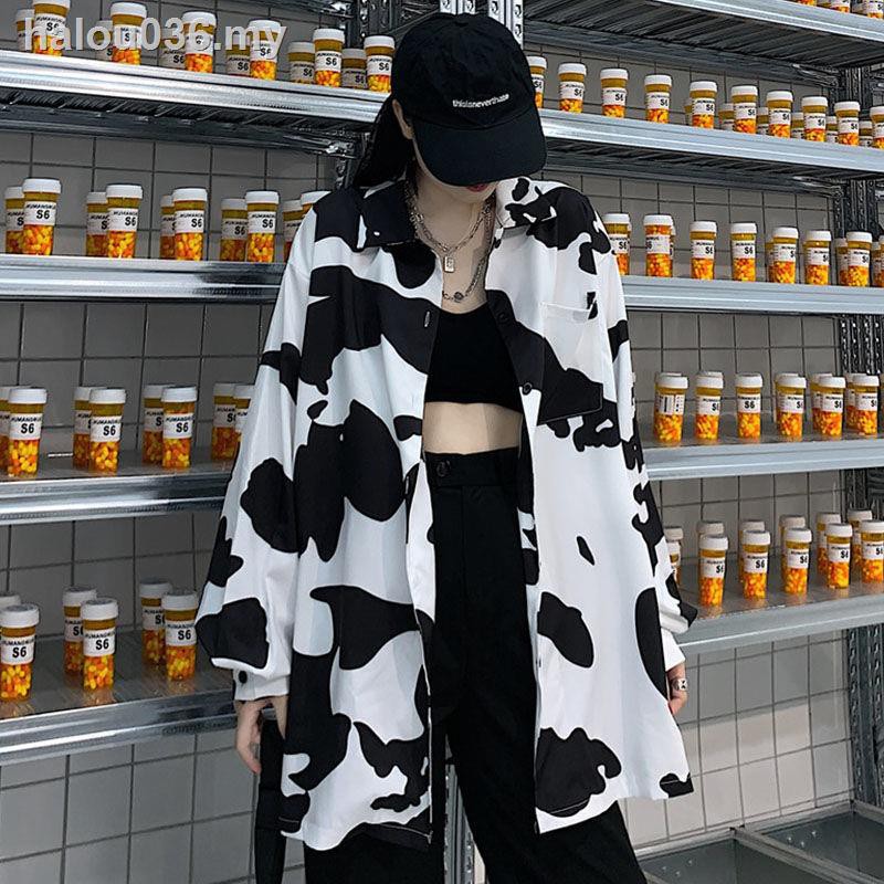 Áo Sơ Mi Tay Dài Dáng Rộng In Họa Tiết Bò Sữa Phong Cách Retro Hàn Quốc Thời Trang Mùa Thu Cho Nữ