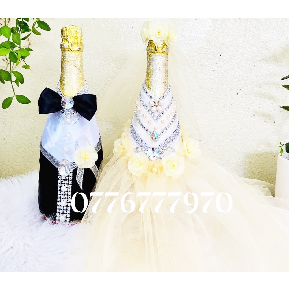 Bộ Áo cưới cho champagne HandMade trang trí tiệc cưới, đám cưới [ màu kem hoa vàng]