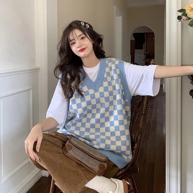 [CÓ SẴN] FORM TO áo len gi lê cổ tim hoạ tiết kẻ bàn cờ đối xứng | BigBuy360 - bigbuy360.vn