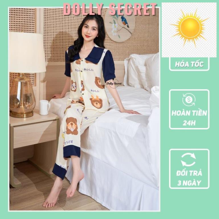 👠 Bộ đồ Pijama mặc nhà áo cộc tay quần dài cổ tròn hình gấu đáng yêu DOLLY SECRET CD01 👠