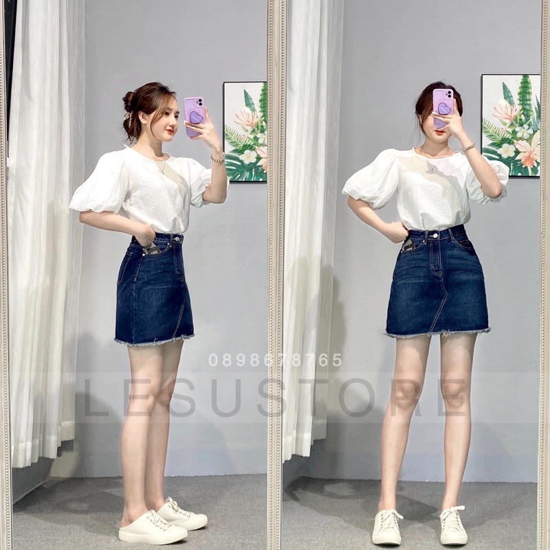 ẢNH TỰ CHỤP CHân váy jeans trơn lai tua lưng cao | BigBuy360 - bigbuy360.vn