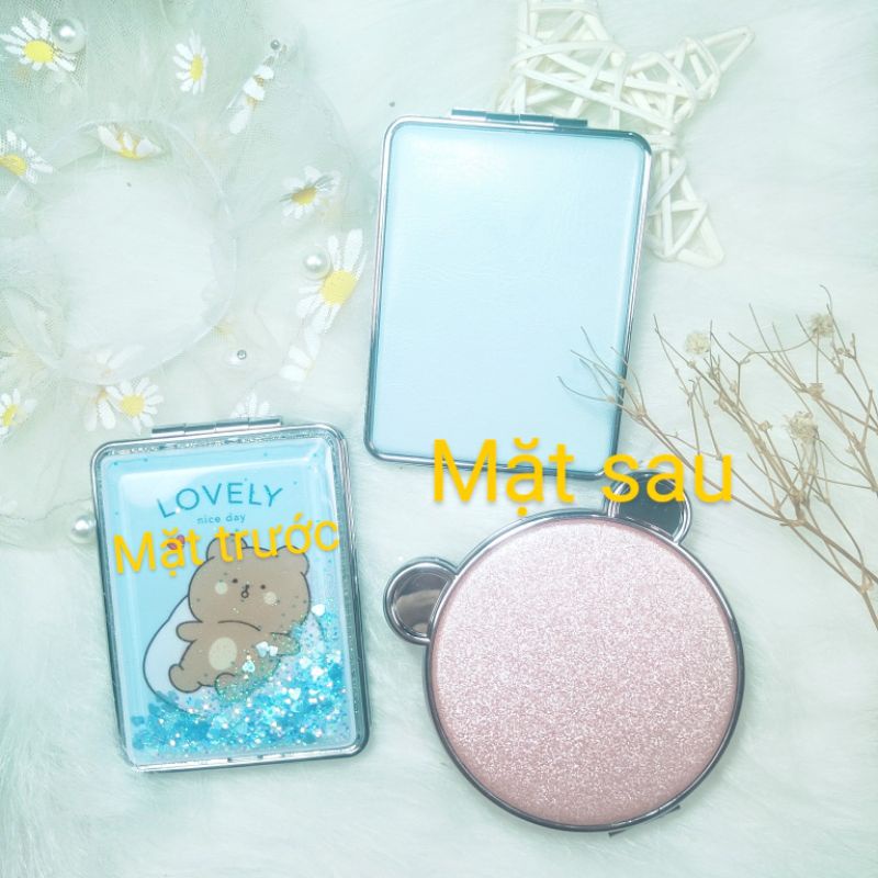 Gương trang điểm mini cầm tay 2 mặt gập nhũ nước kim tuyến