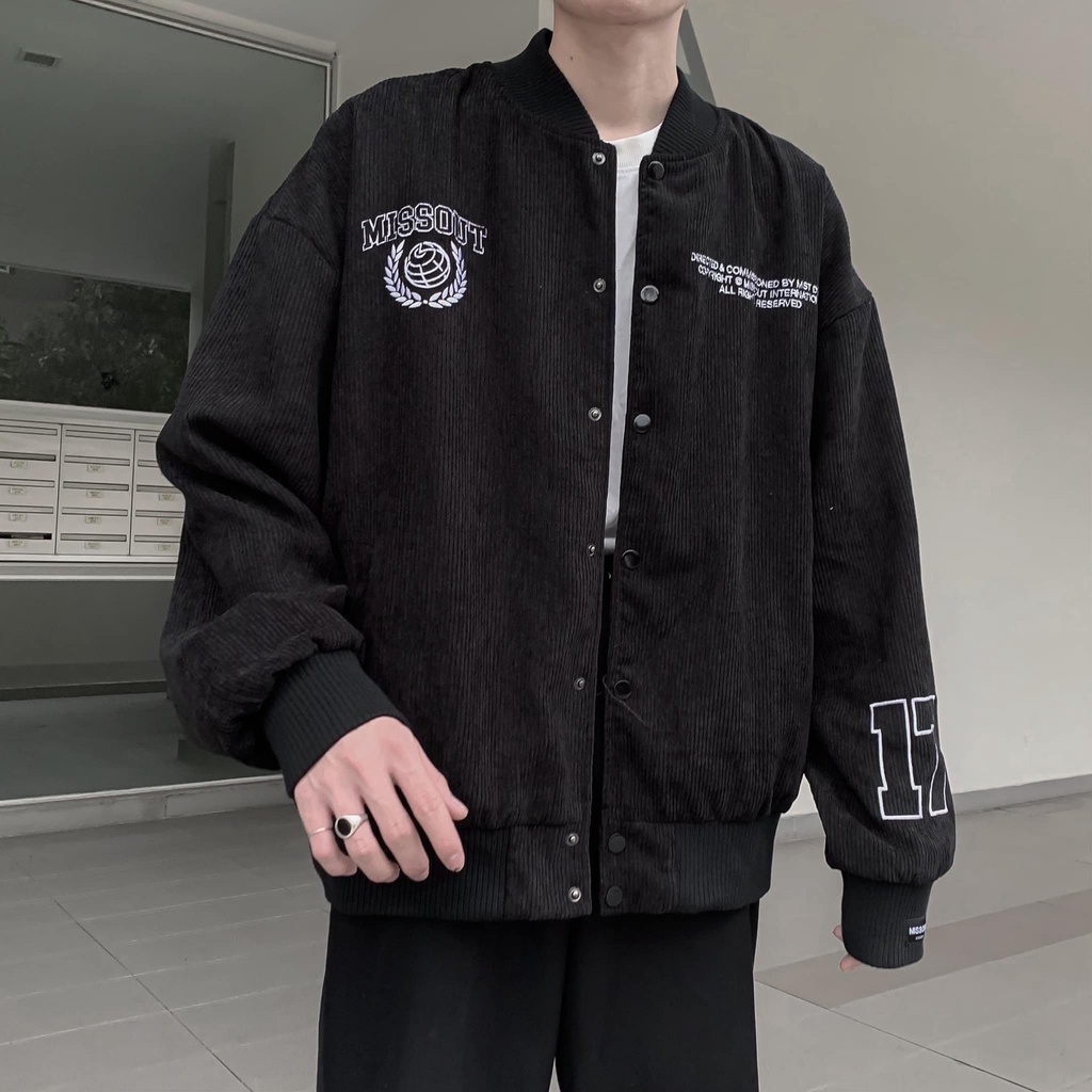 Áo khoác bomber nam nữ missout typo unisex , varsity jacket local brand , áo bóng chày nhung tăm 2 lớp - Gin Store